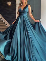 Handmade Wedding Dress Simple V Neck Ivory A Line Satin Long Evening Dress