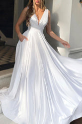 Handmade Wedding Dress Simple V Neck Ivory A Line Satin Long Evening Dress