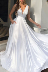 Handmade Wedding Dress Simple V Neck Ivory A Line Satin Long Evening Dress