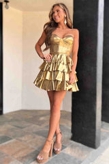 Heart Homecoming Dress shaped Gold Metallic A Line Ruffle Short Party Cocktail Dress