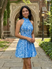 Dressystars High Neck Halter Floral Brocade Homecoming Dresses Mini Cocktail Dress