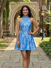 Dressystars High Neck Halter Floral Brocade Homecoming Dresses Mini Cocktail Dress
