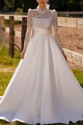 High Neck Lace Ball Gown Wedding Dress with Long Sleeves
