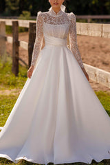 High Neck Lace Ball Gown Wedding Dress with Long Sleeves
