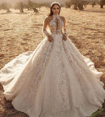 High Neck Long Sleeve A Line Wedding Dress with Lace Appliques and Tulle Train