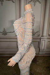 High Neck Long Sleeve Formal Dress Pearl Mermaid Prom Evening Dress