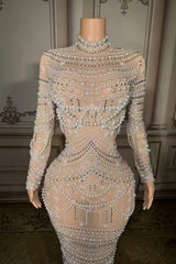 High Neck Long Sleeve Formal Dress Pearl Mermaid Prom Evening Dress