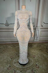 High Neck Long Sleeve Formal Dress Pearl Mermaid Prom Evening Dress