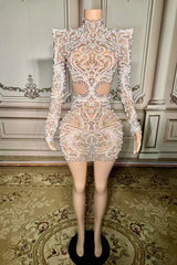 High Neck Long Sleeve Homecoming Dress Ivory Bodycon Cocktail Party Dress