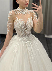 High Neck Long Sleeves Tulle Wedding Dress With Appliques Lace Ball Gown