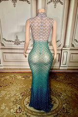 High Neck Mermaid Prom Dress Peacock Green Formal Evening Dress with Rhinestones