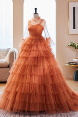 High Neck Prom Dress Tulle Long Orange Formal Evening Dress