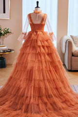 High Neck Prom Dress Tulle Long Orange Formal Evening Dress