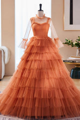 High Neck Prom Dress Tulle Long Orange Formal Evening Dress