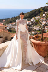 High Neck Wedding Dress Mermaid Beaded Satin Bridal Gown with Panel Train