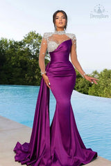 High-Neck Long Sleeve Formal Dresses Beaded Mermaid Satin Evening Dresses