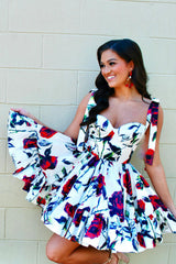 Homecoming Dresses A Line Ruffled Cocktail Dresses With Printed Flower