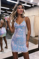 Homecoming Dresses Sequin Spaghetti Straps Criss-Cross Straps Back Tight Cocktail Dresses