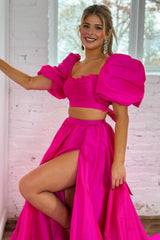 Hot Pink A Line Prom Dress Two Piece Short Sleeves Cocktail Dress with Slit