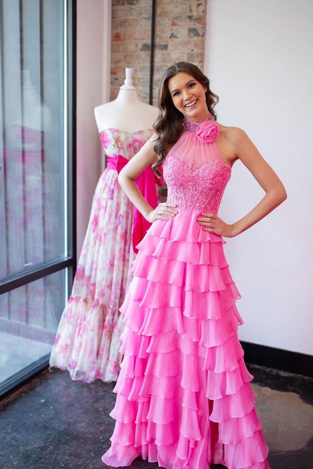 Hot Pink Corset Prom Dress Halter Ruffled Long Wedding Guest Dress with Lace