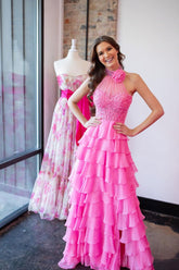 Hot Pink Corset Prom Dress Halter Ruffled Long Wedding Guest Dress with Lace