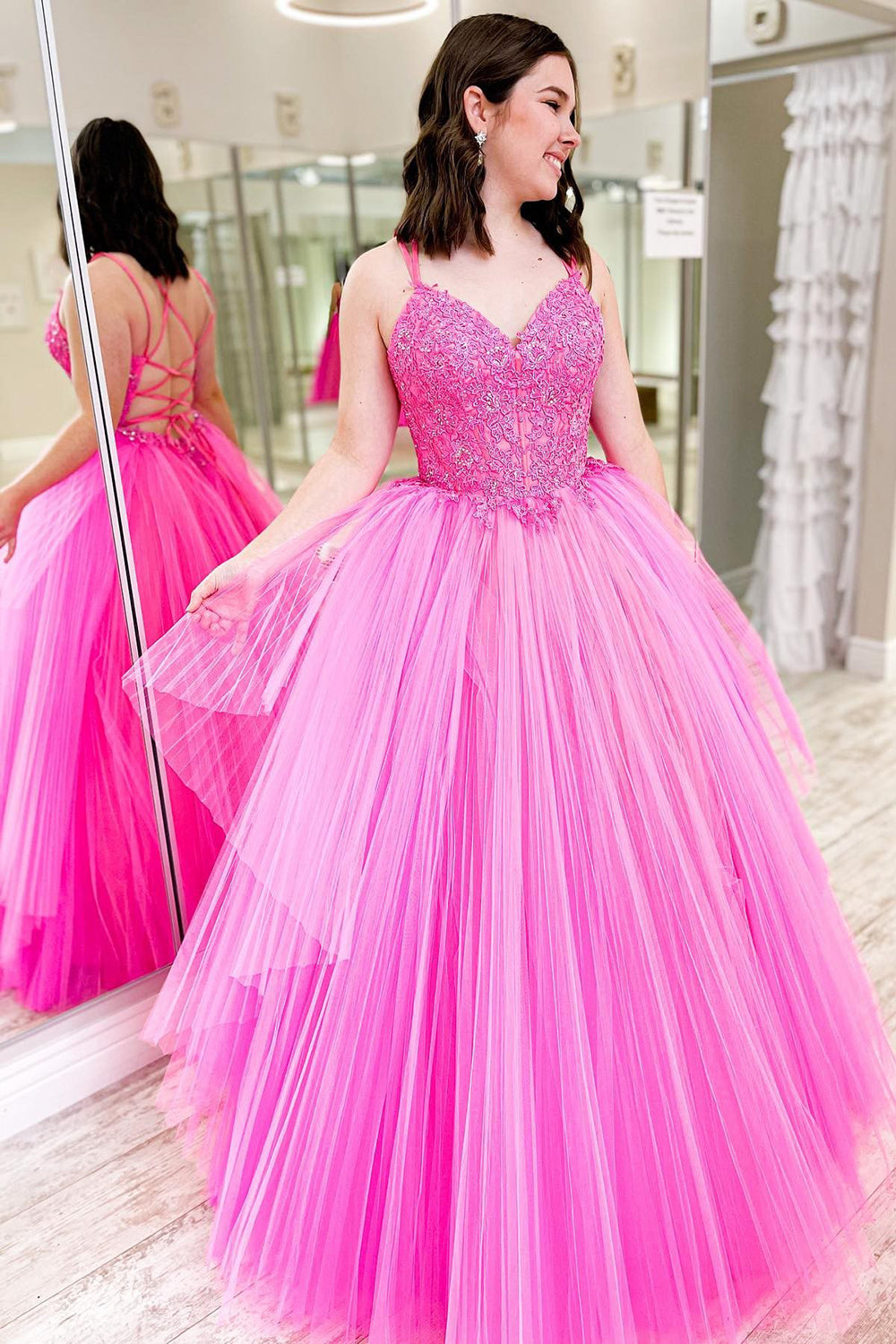 Hot Pink Evening Dress Lace Up A Line Prom Dress with Ruffles