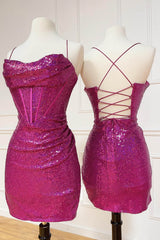 Hot Pink Homecoming Dresses Corset Sequined Tight Short Cocktail Dresses