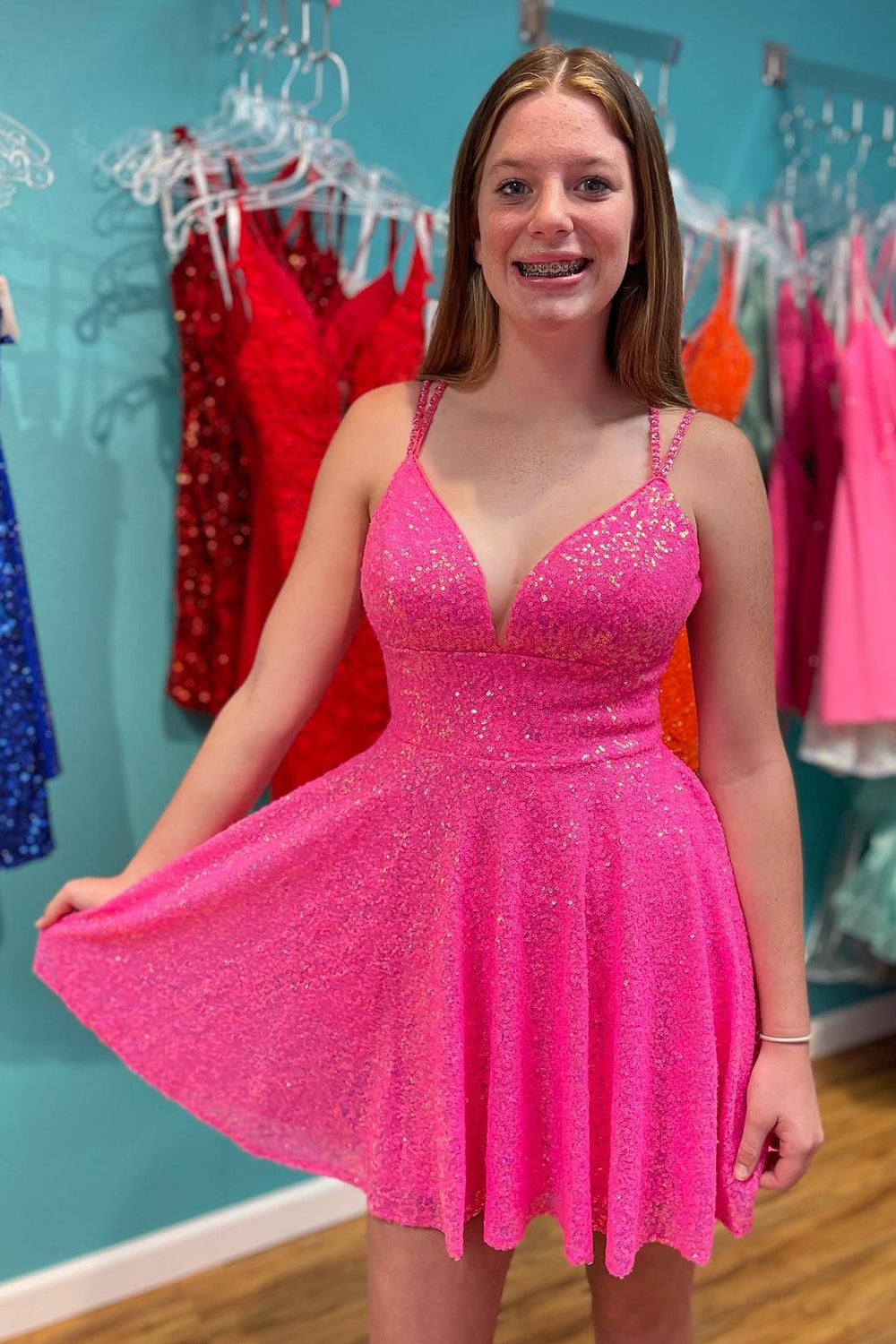 Hot Pink Homecoming Dresses Open Back Sequin A-Line Short Cocktail Dresses