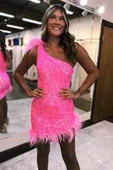 Hot Pink Homecoming Dresses Sequin Tight Short Cocktail Dresses With Feather