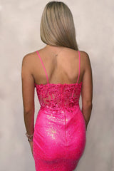 Hot Pink Homecoming Dresses Sequin Tight Short Cocktail Dresses with Lace