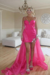 Hot Pink Homecoming Dresses Spaghetti Straps High Low Cocktail Dresses