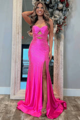 Hot Pink Mermaid Sequined Hollow Out Sweetheart Prom Dress with Slit