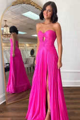 Hot Pink Prom Dress A Line Strapless Keyhole Pleated Evening Dress