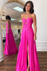 Hot Pink Prom Dress A Line Strapless Keyhole Pleated Evening Dress
