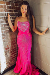 Hot Pink Prom Dress Beaded Long Mermaid Backless Evening Dress