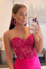 Hot Pink Prom Dress Corset Long Evening Dress with Slit