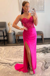 Hot Pink Prom Dress Corset Long Evening Dress with Slit