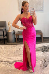 Hot Pink Prom Dress Corset Long Evening Dress with Slit