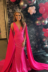 Hot Pink Prom Dress Mermaid Evening Dress with Long Ribbon