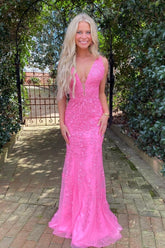 Hot Pink Prom Dress Mermaid Plunge V Neck Lace Evening Dress