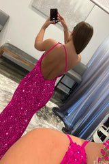 Hot Pink Prom Dress Mermaid Sequined Long Evening Dress