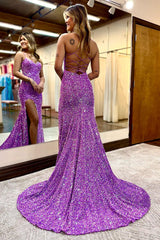 Hot Pink Prom Dress Mermaid Sequined Long Evening Dress with Slit