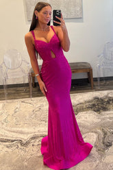Hot Pink Prom Dress Mermaid Spaghetti Straps Keyhole Long Beaded Backless Evening Dress