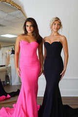 Hot Pink Prom Dress Mermaid Strapless Corset Satin Long Evening Dress