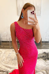 Hot Pink Prom Dress One Shoulder Mermaid Evening Dress