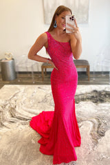Hot Pink Prom Dress One Shoulder Mermaid Evening Dress