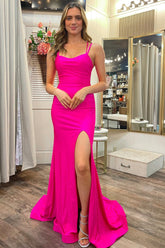 Hot Pink Prom Dress Scoop Neck Lace Up Trumpet Long Formal Dress Evening Dress