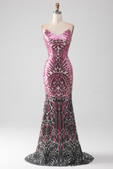 Hot Pink Prom Dress Sequined Mermaid Backless Long Evening Dress