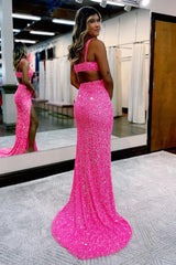Hot Pink Prom Dress Sequins Hollow Out Mermaid Evening Dress