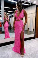Hot Pink Prom Dress Sequins Hollow Out Mermaid Evening Dress